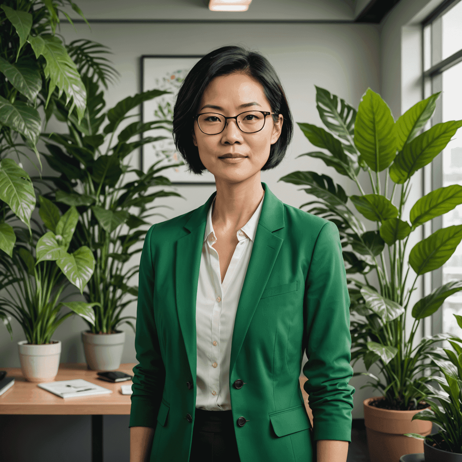 Dr. Emily Chen, an Asian woman in her 40s with short black hair and glasses, wearing a green blazer, standing in front of a wall of plants in a modern office setting