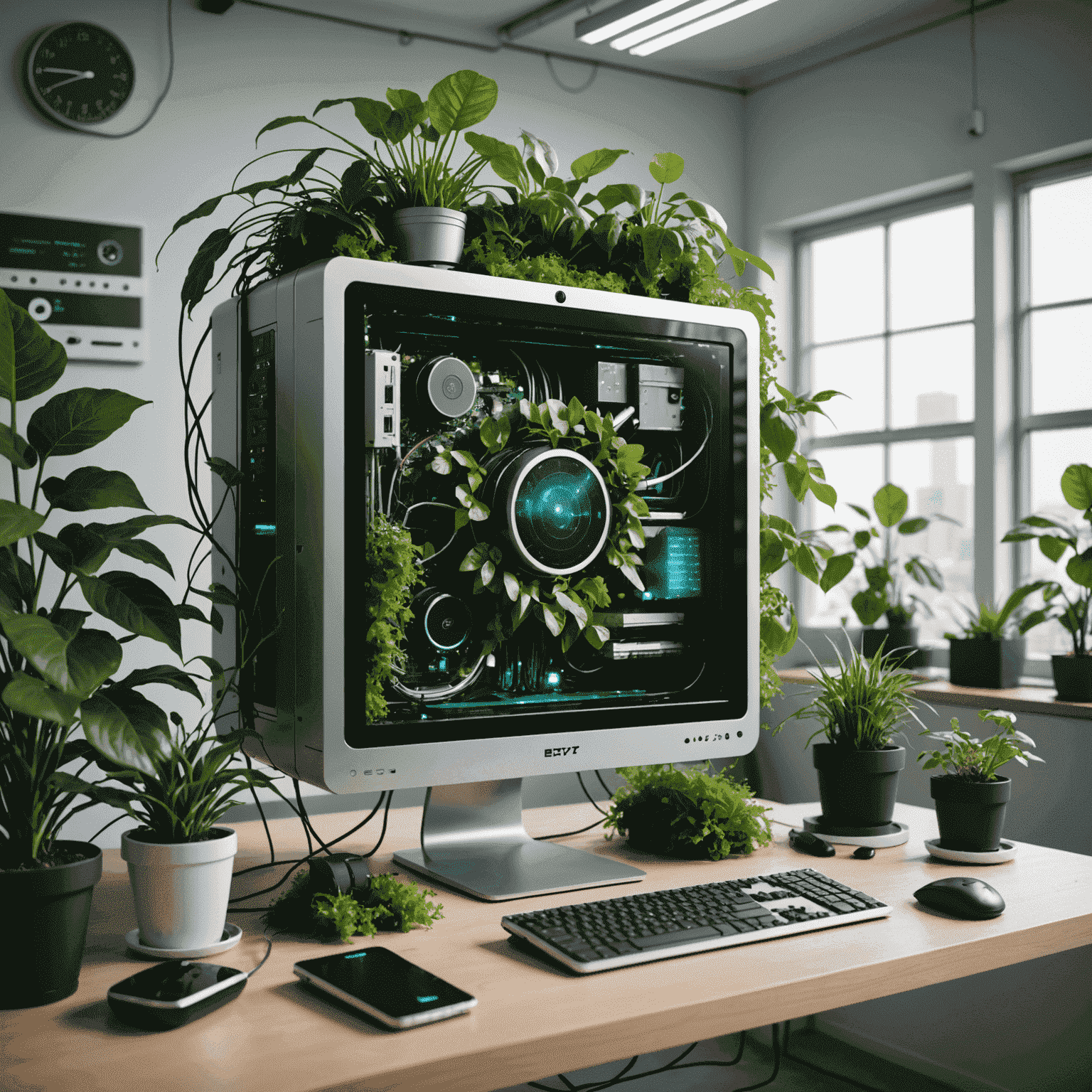 A futuristic computer setup with plants growing around it, symbolizing eco-friendly hardware and energy-efficient software solutions