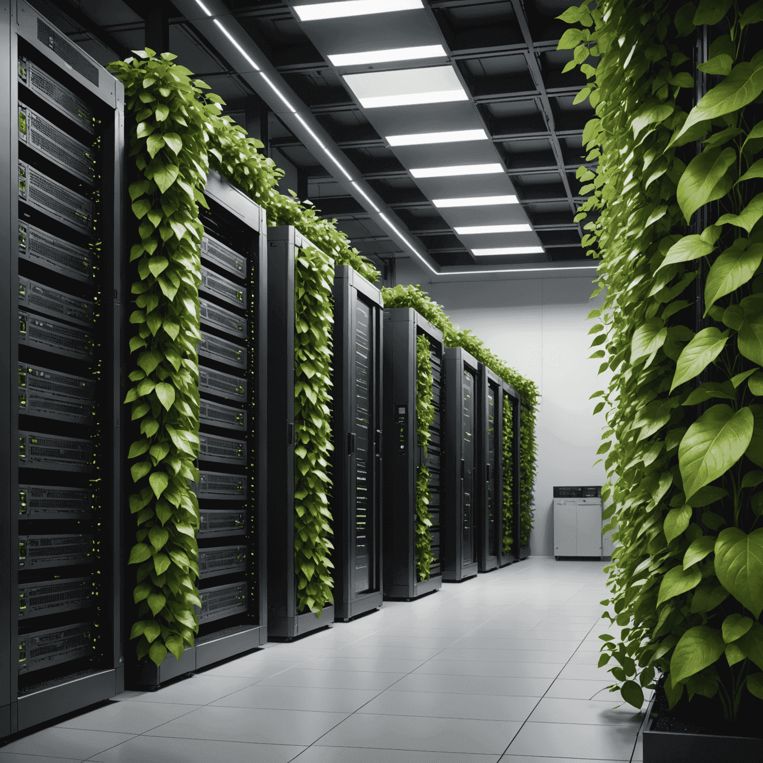 A modern, energy-efficient data center with rows of servers adorned with green leaves, symbolizing eco-friendly computing