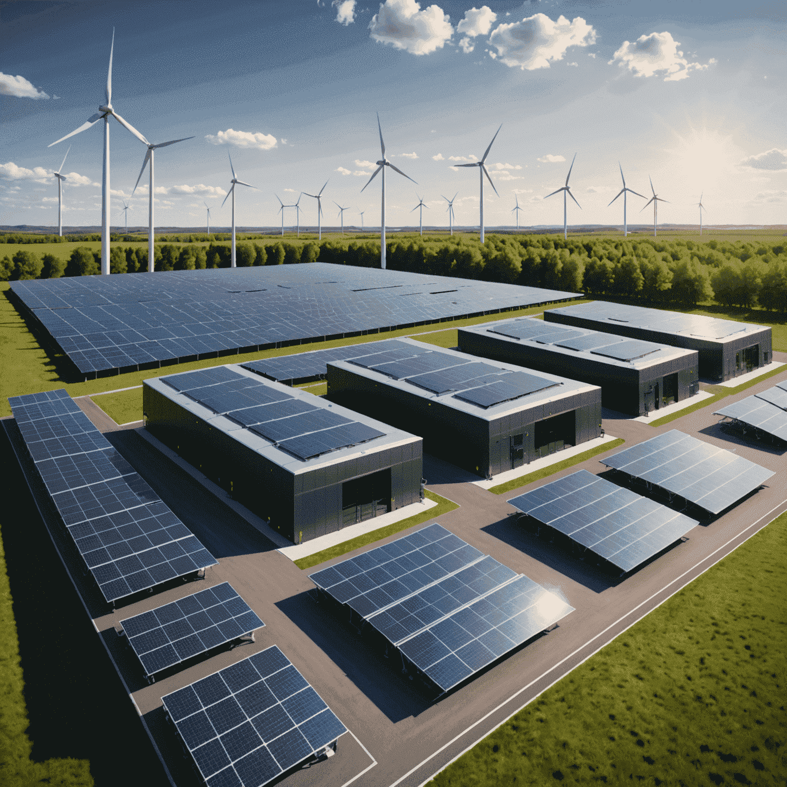 A modern data center with rows of servers, solar panels on the roof, and wind turbines nearby, showcasing the integration of renewable energy sources