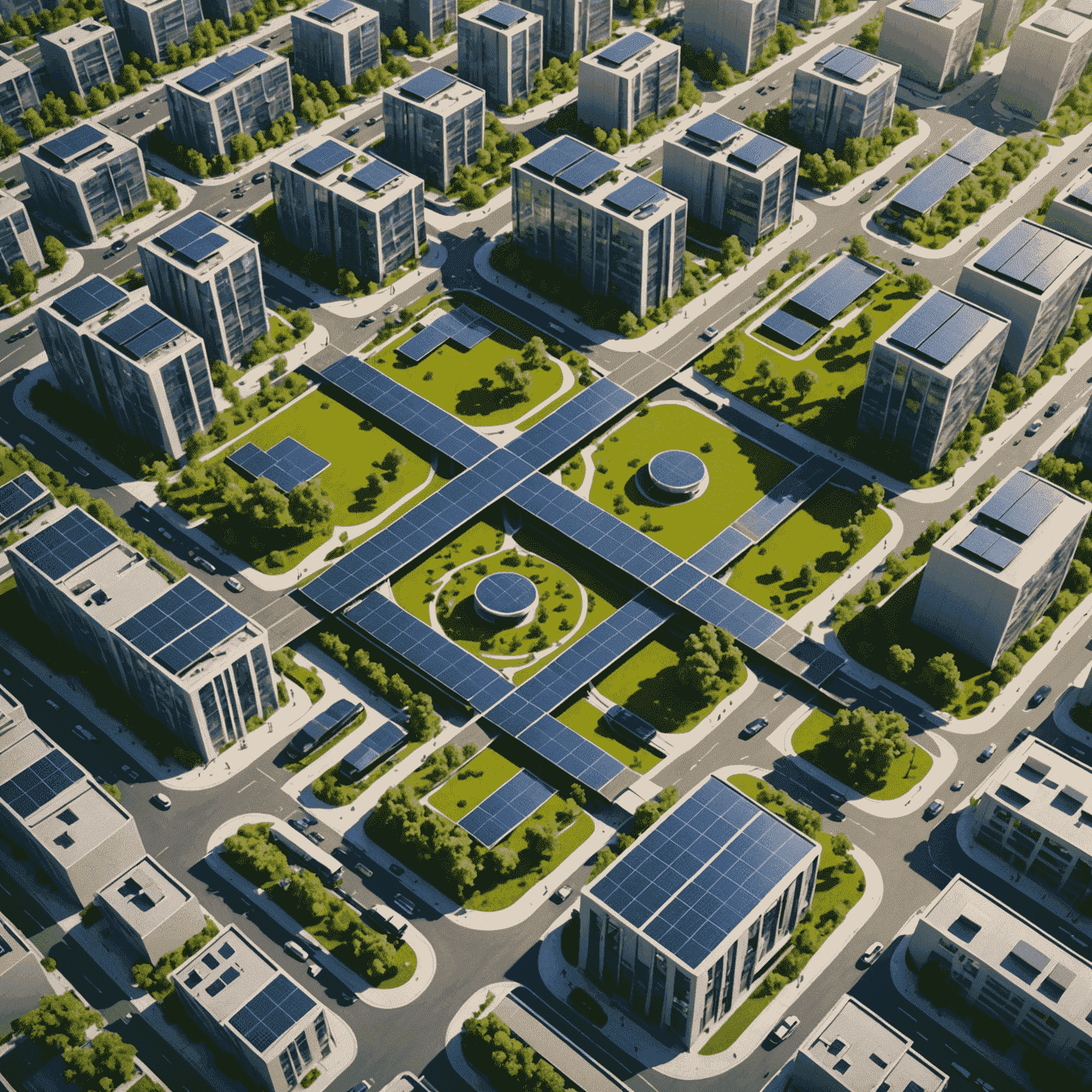 Aerial view of a smart city with green spaces, solar panels, and electric vehicles integrated seamlessly into the urban landscape