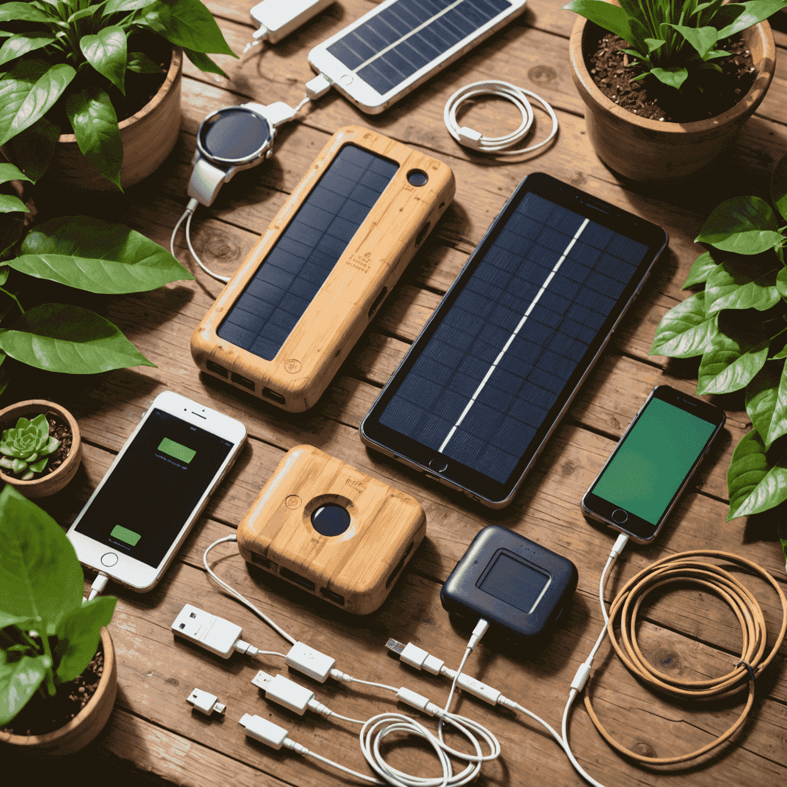 A collection of eco-friendly gadgets including a solar-powered charger, bamboo smartphone case, and energy-efficient smart home devices, arranged on a rustic wooden table with green plants in the background
