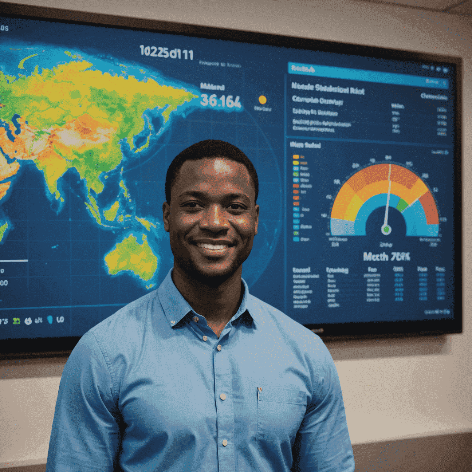 Michael Okonkwo, a Black man in his 30s with a warm smile, wearing a blue button-up shirt, standing in front of a large touchscreen displaying climate data visualizations