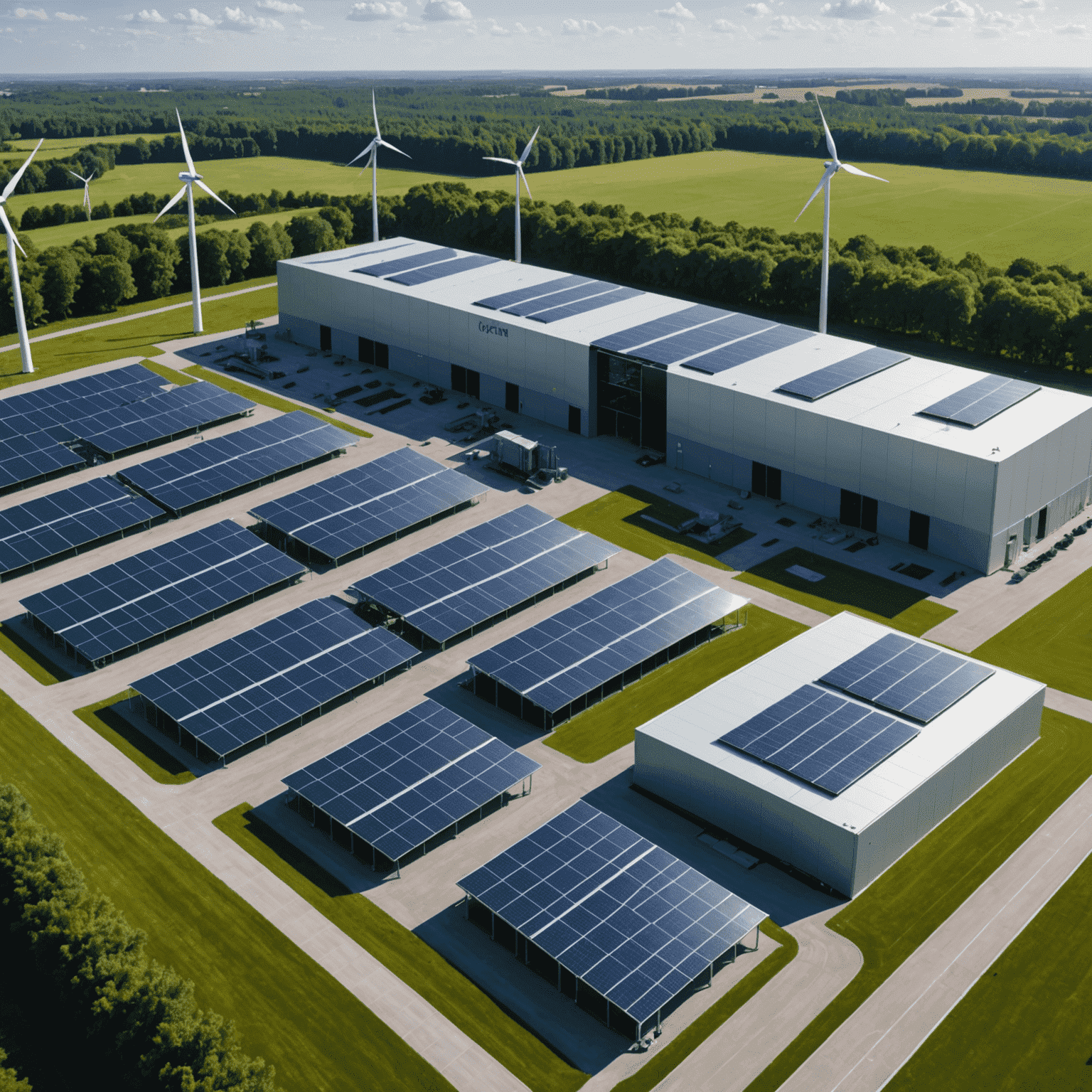 A modern data center powered by solar panels and wind turbines, showcasing innovative renewable energy solutions