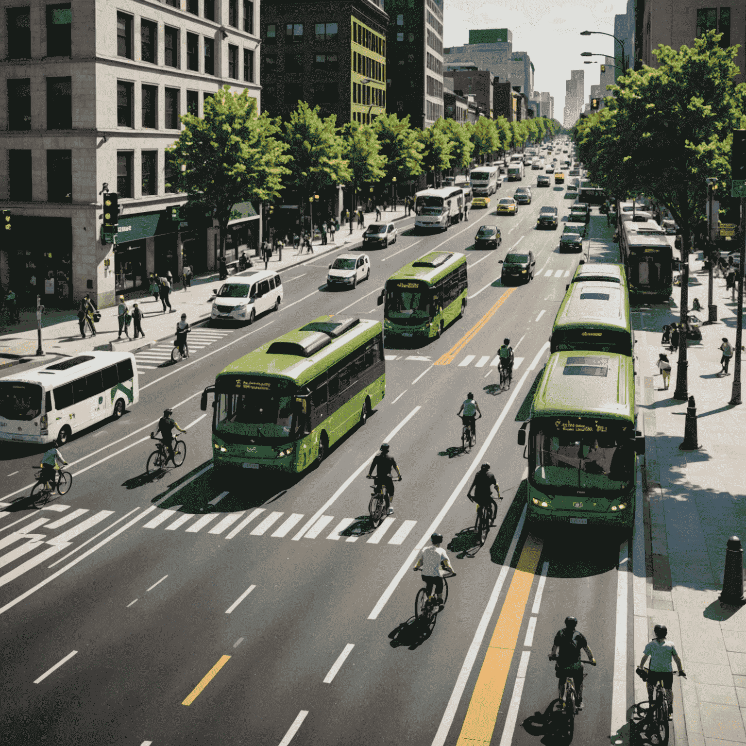 A busy city intersection with smart traffic lights, electric buses, and cyclists using a dedicated bike lane