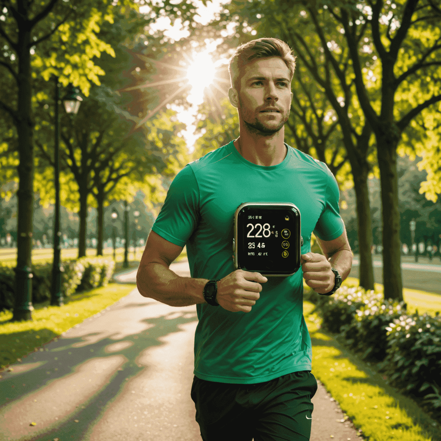 A person wearing a sleek solar-powered smartwatch while jogging in a lush green park, with sunlight glinting off the watch face