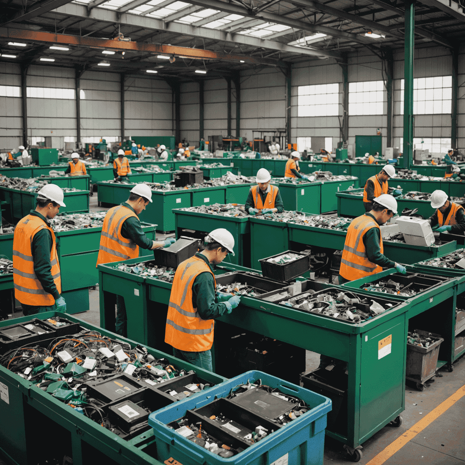 A recycling facility processing electronic waste, with workers sorting various components