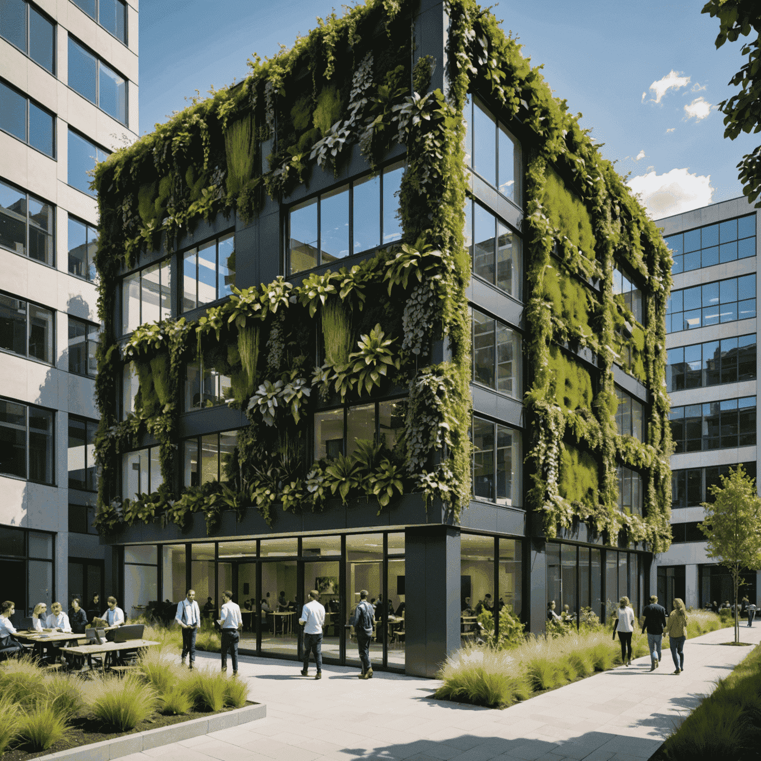 A modern office building with a living wall, solar panels, and workers collaborating in an open, green space