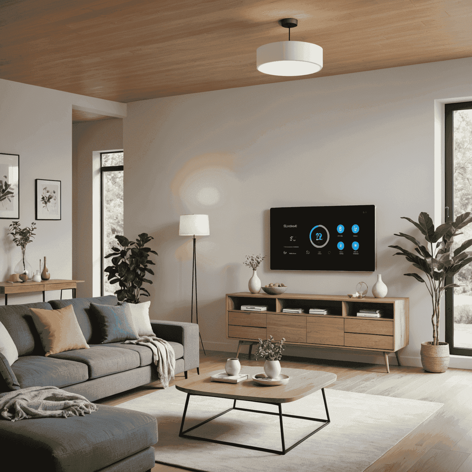 A modern living room featuring various eco-friendly smart home devices, including a sleek thermostat, energy-monitoring display, and smart LED bulbs, all controlled by a tablet