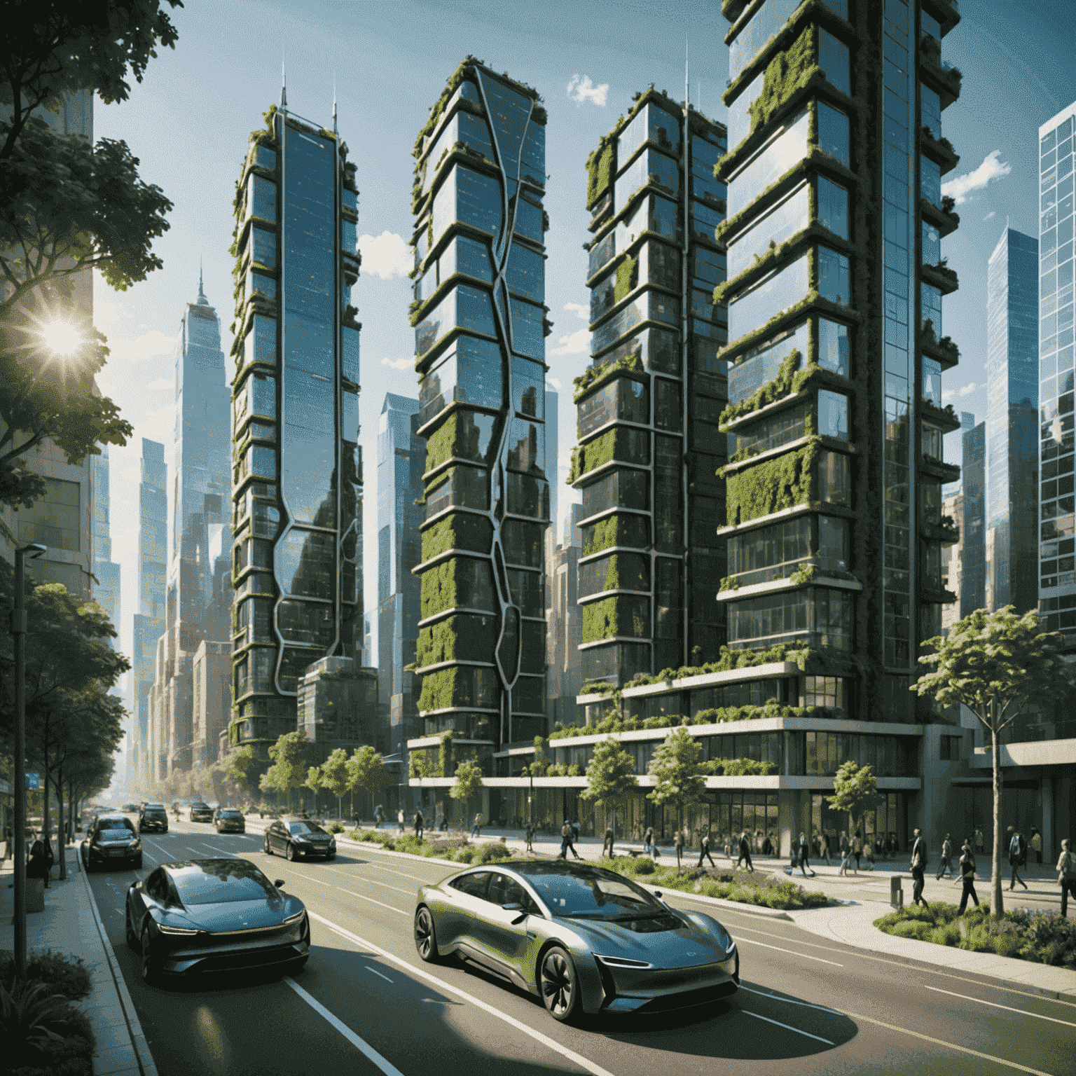 A futuristic cityscape with green buildings, solar roads, and autonomous electric vehicles
