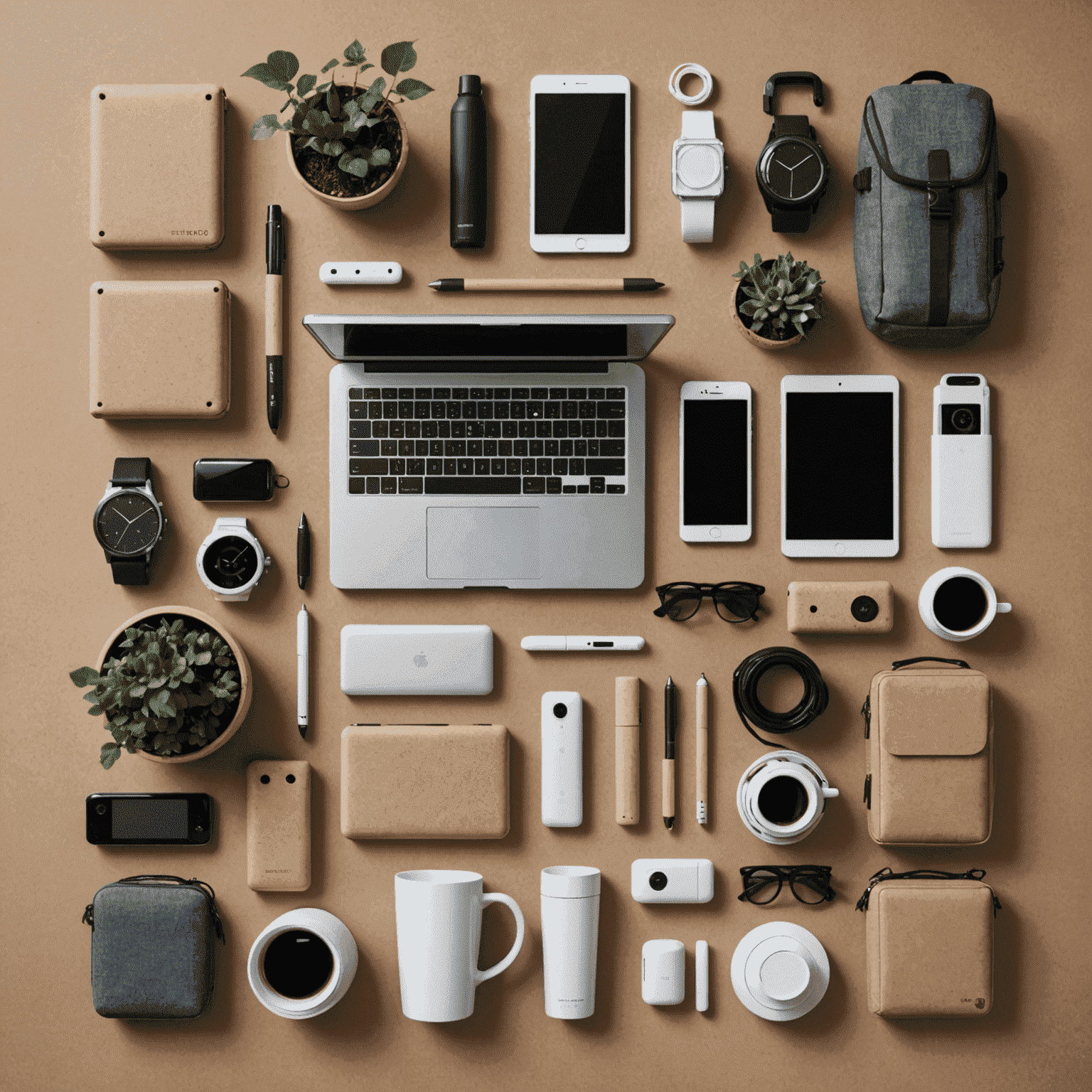 A collection of environmentally friendly gadgets made from recycled materials, including smartphones, laptops, and wearables